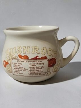 Vtg 70's Soup Crock Bowl Cream Mushroom Recipe Oversized Coffee Mug Large Cup